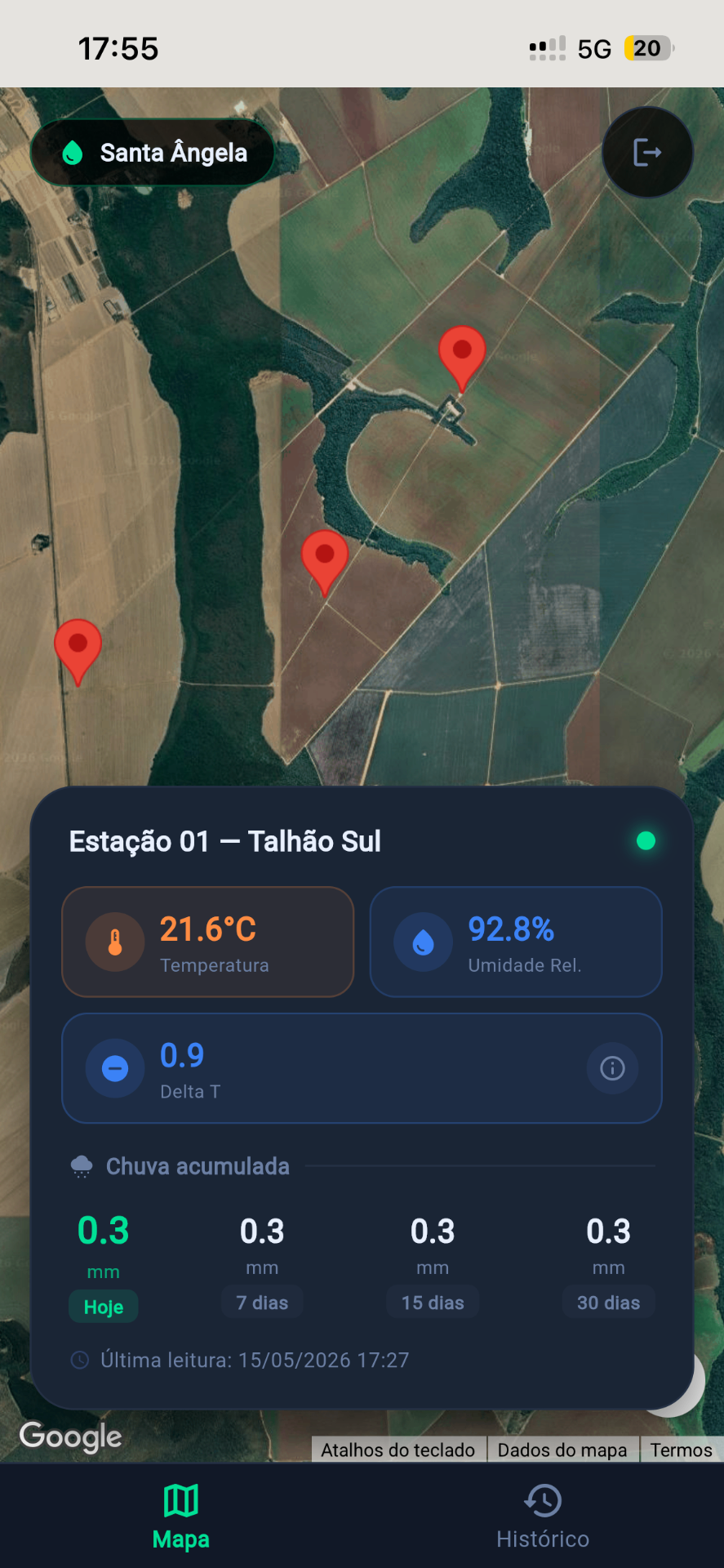 Mapa com estações do Sentinela Rain na fazenda